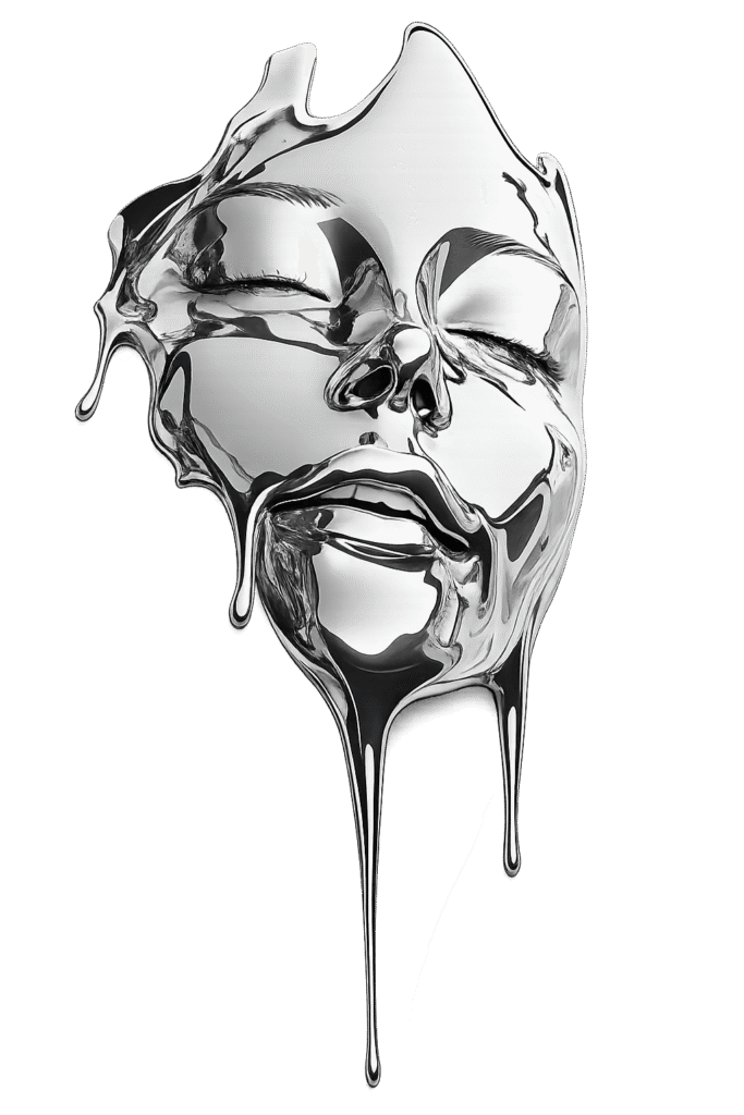 Visage métallique abstrait et futuriste en chrome liquide