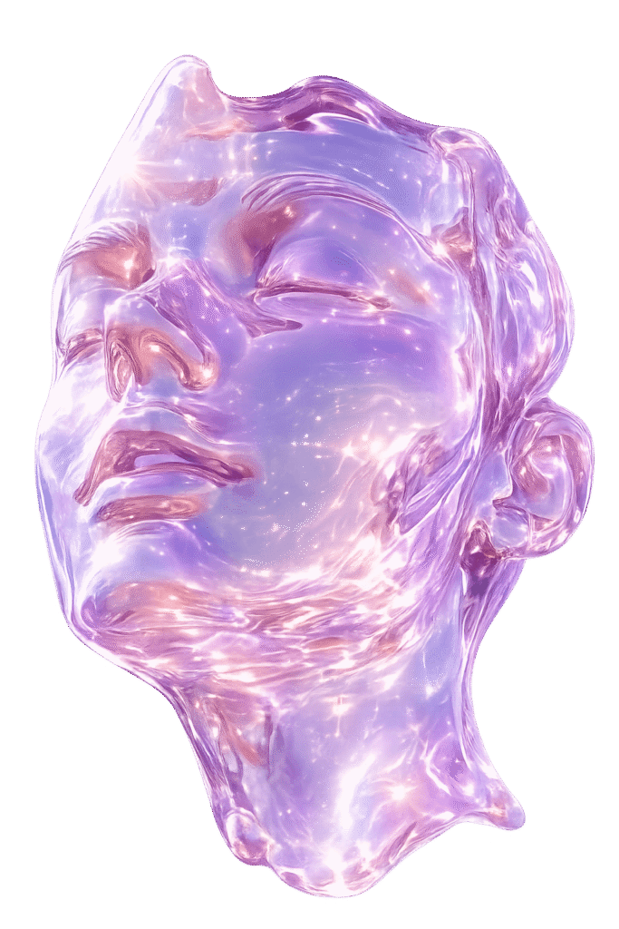 Visage abstrait en verre translucide avec reflets violets et lumineux