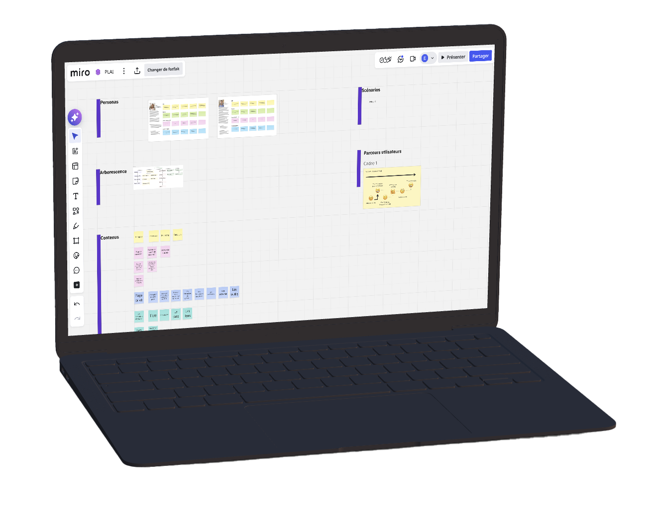 image d'un ordinateur avec les recherches UX (miro)
